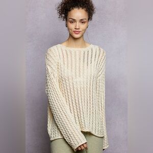 POL Openwork Round Neck Knit Top with Shiny Detail